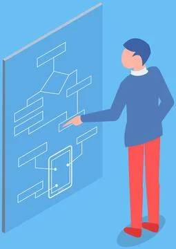 Man interacting with screen digital device presses button on map. Interactive Stock Illustration