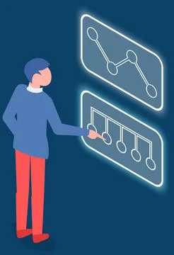 Man interacting with screen digital device presses button on map. Isometric Illustrazione stock