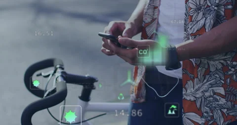 Man interacting with smartphone beside bicycle, visualizing AR technology 動画素材 307910066