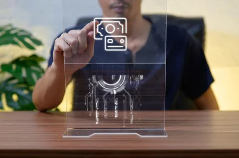 Man Interacting with Transparent Digital Interface and Circuit Design Foto stock