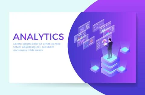 Man interacting with virtual charts and analyzing statistics. Stock Illustration