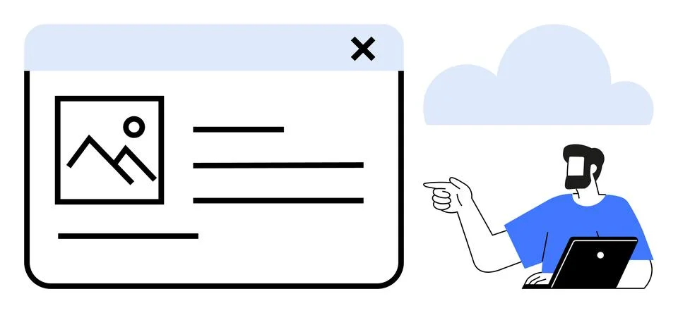 Man interacting with a webpage interface, pointing towards a photo and text.. イラスト素材