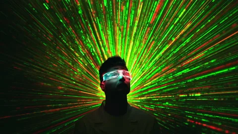 The man in the interactive glasses on the laser beam background Stock Footage 191502254