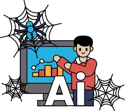 Man interacts with AI via screen displaying graphs Stock Illustration
