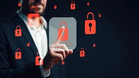 Man interacts with digital security symbols to address scam call and SMS Stock Photos