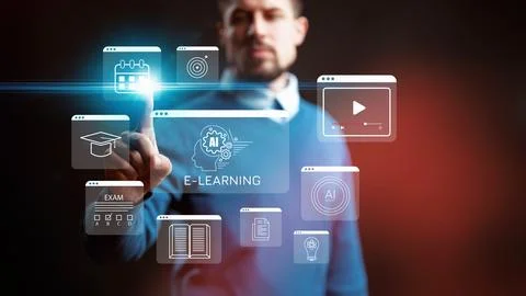 Man interacts with e-learning icons in a digital environment Stock Photos