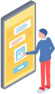 Man interacts with screen digital device presses app button on smartphone Illustrazione stock