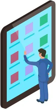 Man interacts with screen digital device presses app button on smartphone Illustrazione stock