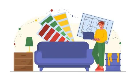 Man interior designer. Young guy with laptop selects color palettes and Stockillustratie