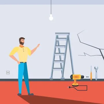 Man in interior of house under construction Stock Illustration