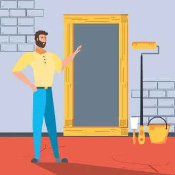 Man in interior of house under construction Stock Illustration