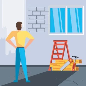 Man in interior of house under construction Stockillustratie