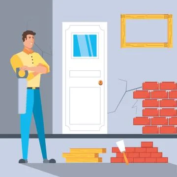 Man in interior of house under construction Stockillustratie