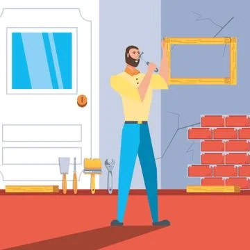 Man in interior of house under construction イラスト素材