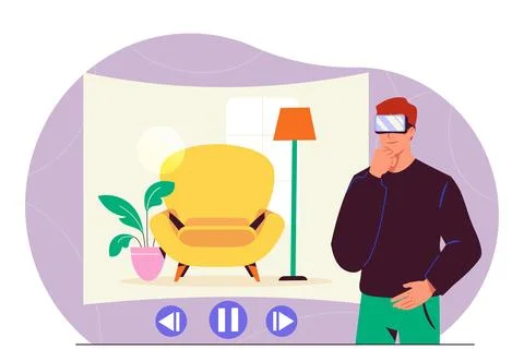 Man with interior vr. Young guy in virtual reality glasses chooses yellow chair Stock Illustration