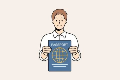 Man with international passport in hands that allows him to travel world a... Stock Photos