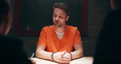 Man, interview and statement in prison for crime, arrest with legal Stock Footage 277212979