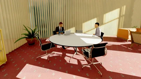 Man at an interview job, sitting on a table and explaining Video stock 144379581