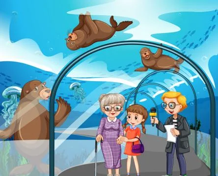 Man interview visitors at the aquarium Stock-Illustration
