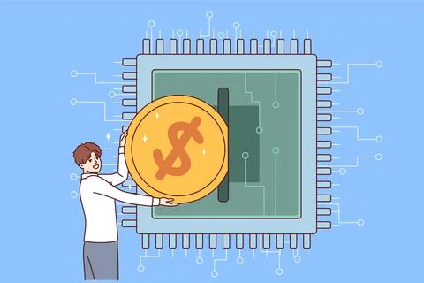 Man invests in development of microchips and semiconductors, by inserting coin Stock-Illustration