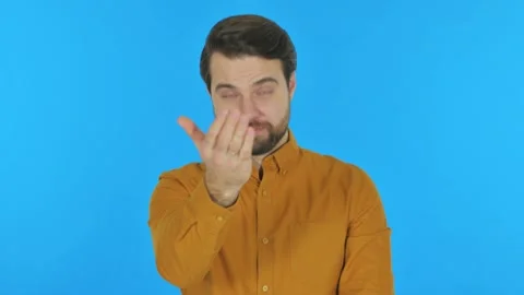 Man inviting People on Blue Background, Portrait Video stock 297442213
