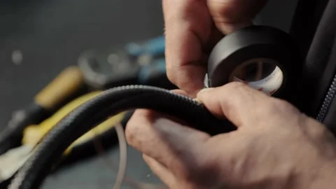 A man isolates the electrical tape wires of a car wiring. Stock Footage 133062638
