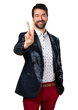 Man with jacket counting two Stock Photos