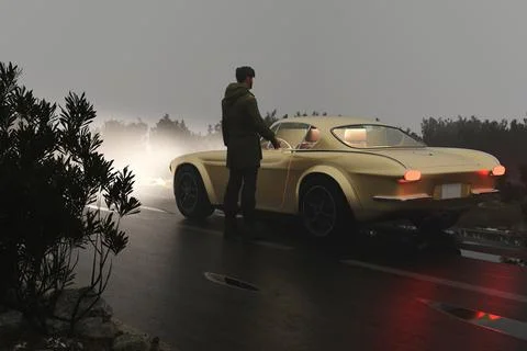 Man in jacket opening car door on wet road. 3d render Illustrazione stock