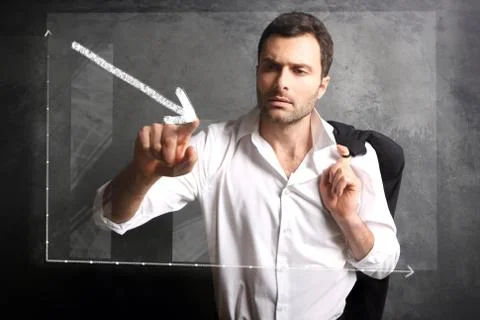 A man with a jacket touch screen on a black background Stock Photos