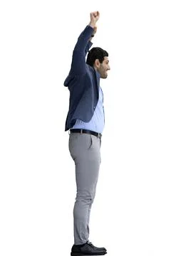 A man in a jacket on a White background raised his hands up. In profile 写真素材