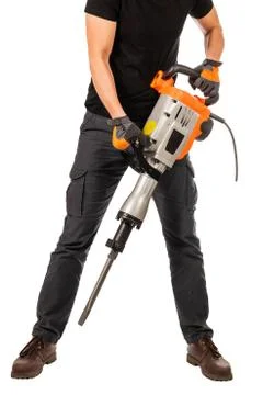 Man with a jackhammer on a white background Stock Photos