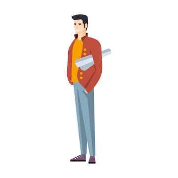 Man In Jeans And Red Jacket With Roll Of Project Part Of The Collection Of Young Illustrazione stock