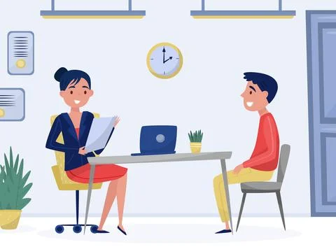 Man at Job Interview Sit at Table Talking to Manager Vector Illustration Stock-Illustration