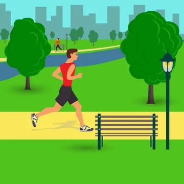 Man jogging in city park. Vector flat illustration. Ilustración de archivo