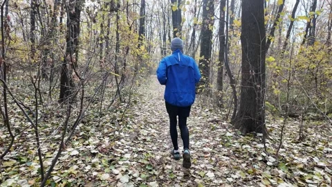 Man jogging through autumn forest trail in blue jacket and beanie, seen from Stock Footage 318173312