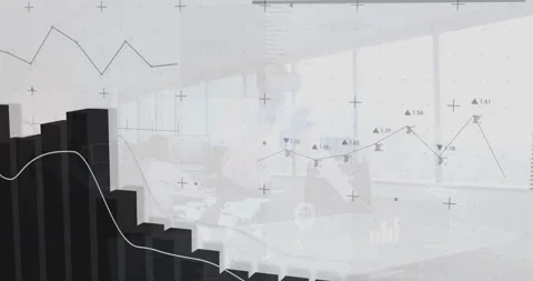 Man jogging treadmill in gym, generating rising then dropping 3D bars line plot Video stock 309687685