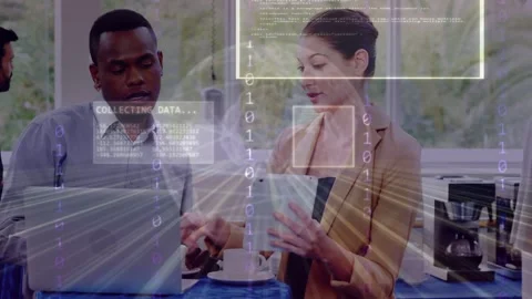 Man joining business table pointing at laptop, causing data overlays for review, Stock Footage 334466107