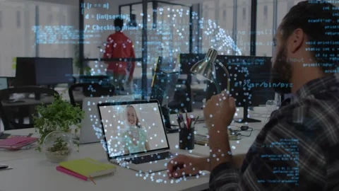 Man joining live laptop call, code overlay growing over laptop, gesturing lamp Stock Footage 333967191