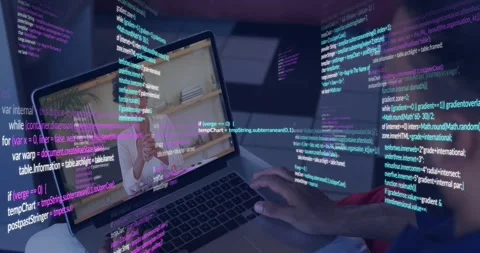 Man joining tech call moving right hand across pad and keys, code overlays Stock Footage 328469566