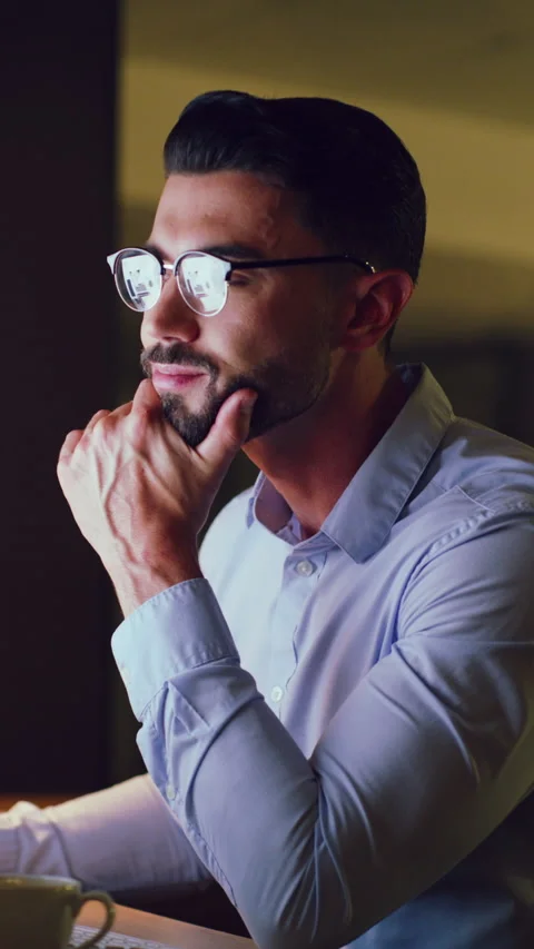 Man, journalist and thinking at startup, computer and night for project Stock Footage 335838045