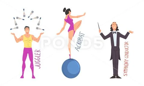 Man Juggler and Woman Acrobat Balancing on Ball Having Creative Profession Stock Illustration