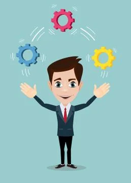 Man juggling with cog wheels, symbolizing strategic thinking, creativity. Stock Illustration