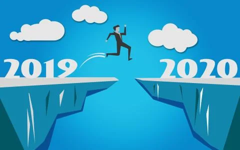 Man jump over the cliff into year 2020 Stock-Illustration
