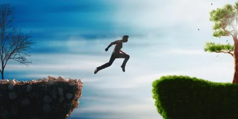 Man jump through the gap between hill. Man jumping over cliff on sunset Stock Illustration