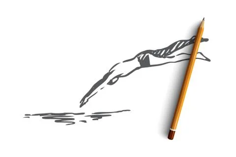 Man, jump, water, pool, dive concept. Hand drawn isolated vector. Ilustración de archivo