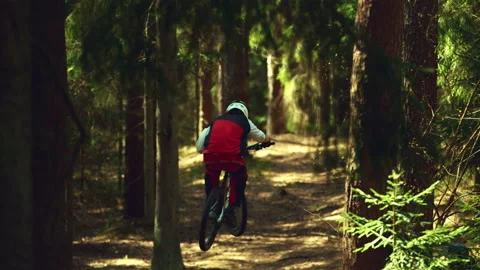 A man jumping in air with mtb in a forest in super slow motion, back view Stock Footage 146855986