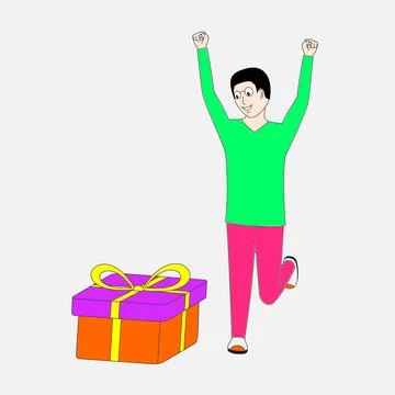A man is jumping up and down with a big box in front of him Stock Illustration