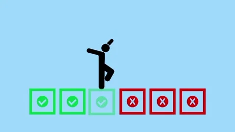 Man jumping on box tick and cross, positive and negative result signs red green. Stock Footage 334822890