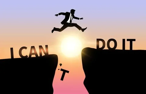Man jumping from Can't to Can do on sunset background, concept of confidence in Stock Illustration