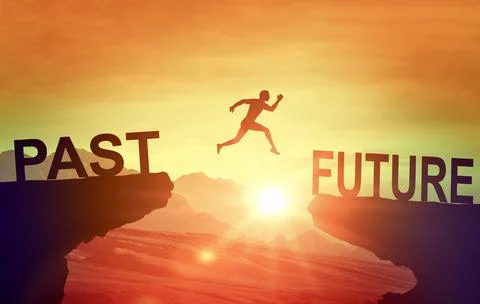 Man jumping on cliff Future. Silhouette man jumping between cliff with Past.. Stock Illustration